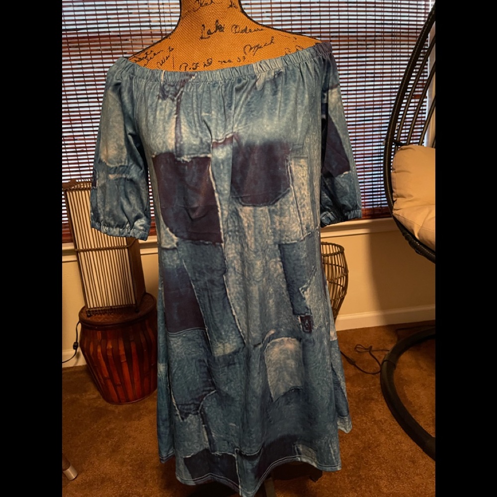 Denim inspired off the shoulder dress